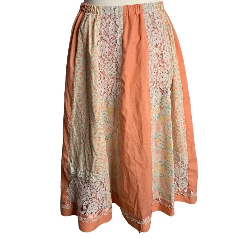 Vintage 70s Patchwork Circle Patio Skirt S Pink Floral Lace Cottage Prairie